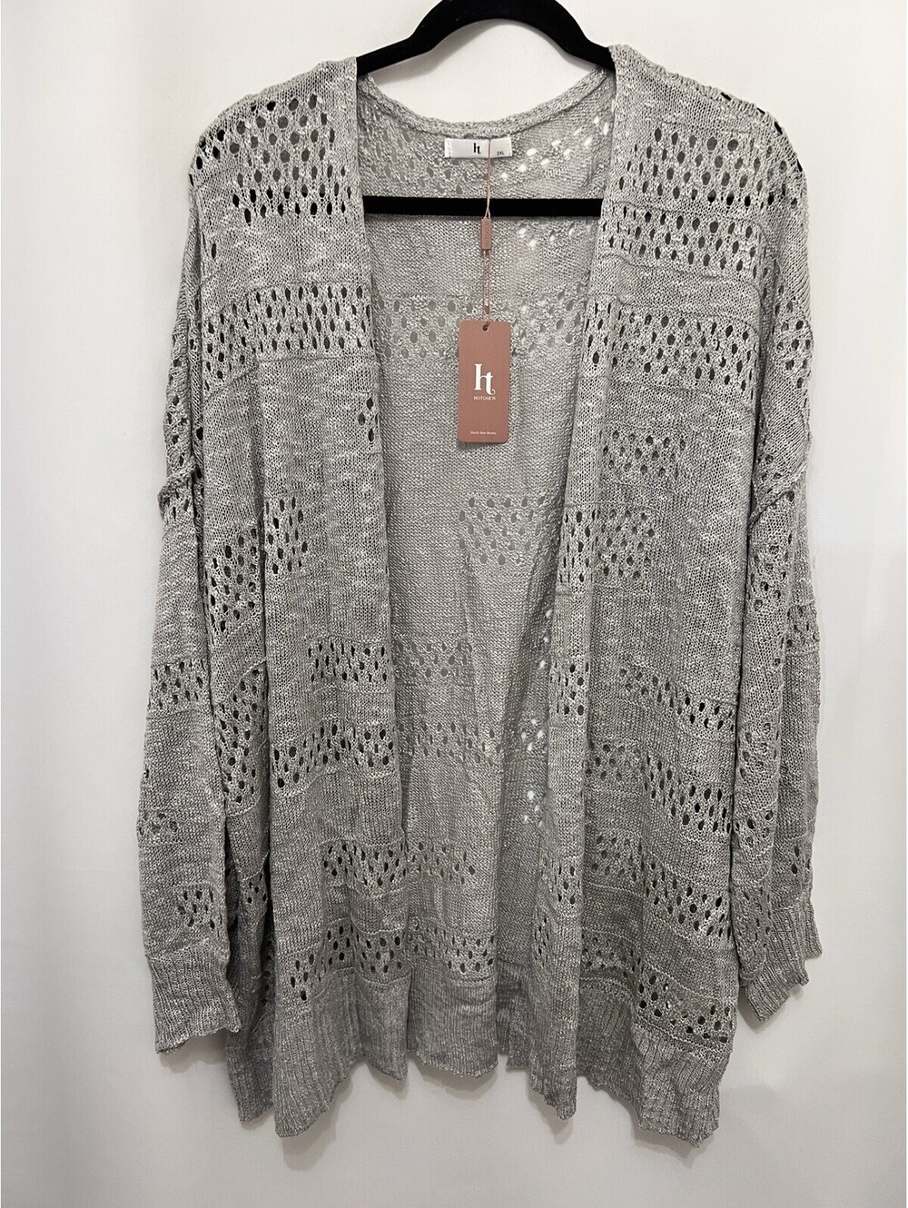 New Hotouch Women’s Gray Open Knit Crochet Cardigan Sweater Size 2XL NWT